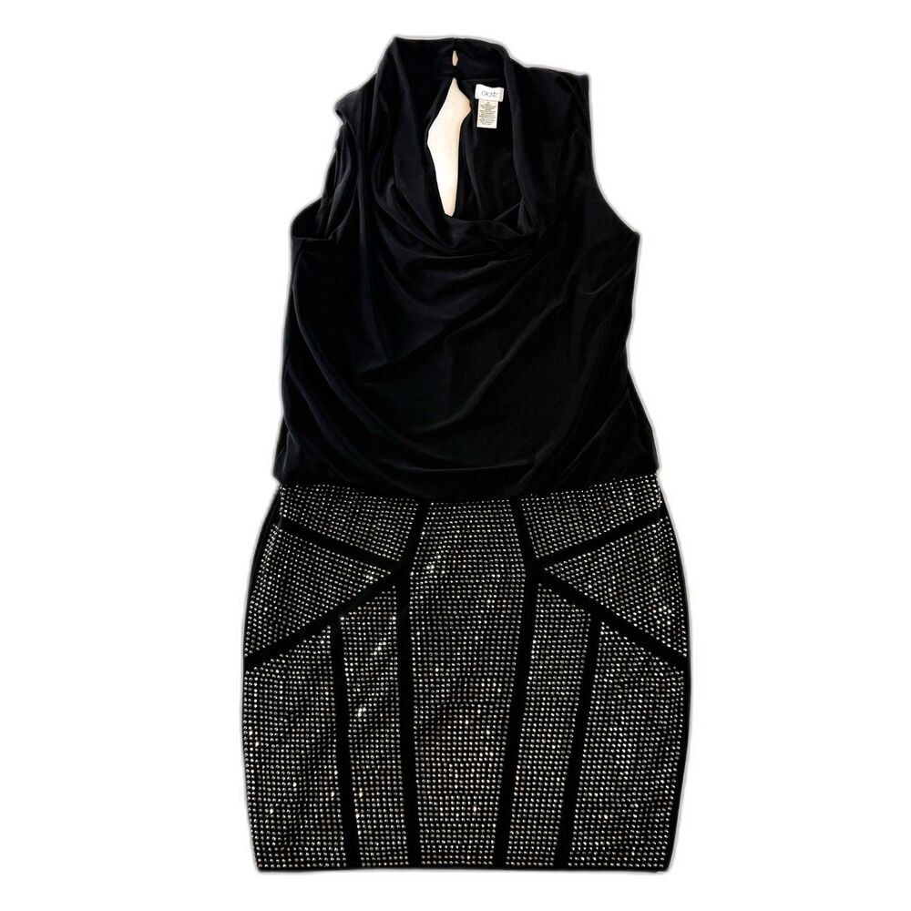 Vintage Cache | Black Dress | Cowl Neck Sleeveless | Jewel Pewter Skirt | Sz 10